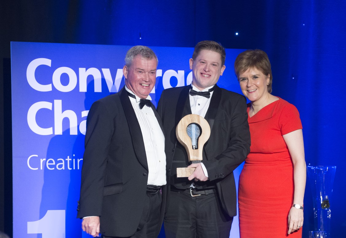 Dave Hughes (novosound) presented with the 2017 Converge Challenge Award by First Minister Nicola Sturgeon and Converge Chair Sandy Finlayson OBE